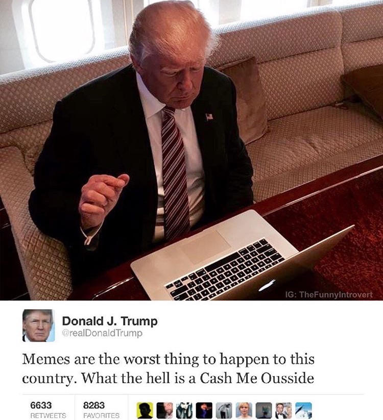 memes - trump on computer - Ig TheFunnyIntrovert BLOO9000 Bordoorood Dagga Donald J. Trump Trump Memes are the worst thing to happen to this country. What the hell is a Cash Me Ousside 6633 8283 Favorites V O O R