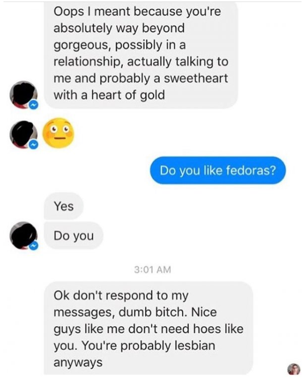 nice guys reddit - Oops I meant because you're absolutely way beyond gorgeous, possibly in a relationship, actually talking to me and probably a sweetheart with a heart of gold Do you fedoras? Yes Do you Ok don't respond to my messages, dumb bitch. Nice g