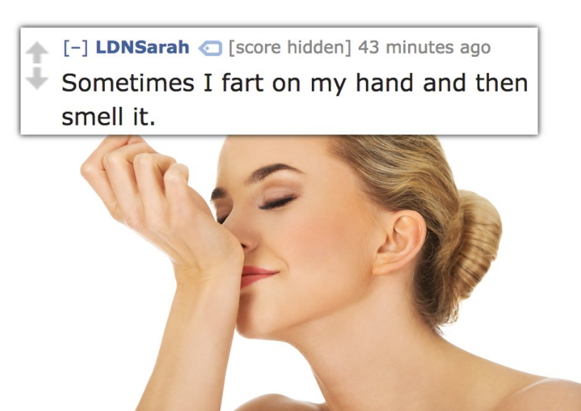 smelling perfume wrist - LDNSarah score hidden 43 minutes ago Sometimes I fart on my hand and then smell it.
