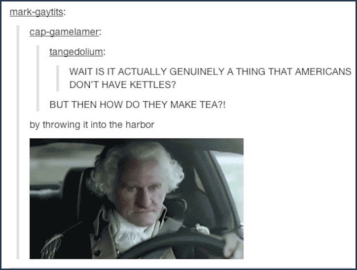 tumblr - american history memes - markgaytits capgamelamer tangedolium Wait Is It Actually Genuinely A Thing That Americans Don'T Have Kettles? But Then How Do They Make Tea?! by throwing it into the harbor