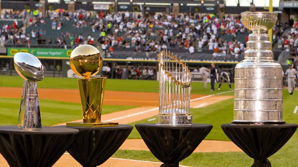 The championship trophies of North America’s four major sports leagues