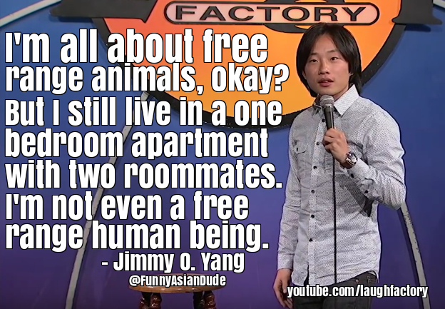 photo caption - Factory I'm all about free range animals, okay? But I still live in a one bedroom apartment with two roommates. I'm not even a free range human being. Jimmy O. Yang youtube.comlaughfactory