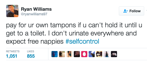 JonTron - Ryan Williams pay for ur own tampons if u can't hold it until u get to a toilet. I don't urinate everywhere and expect free nappies 1,051 855 Cldovas