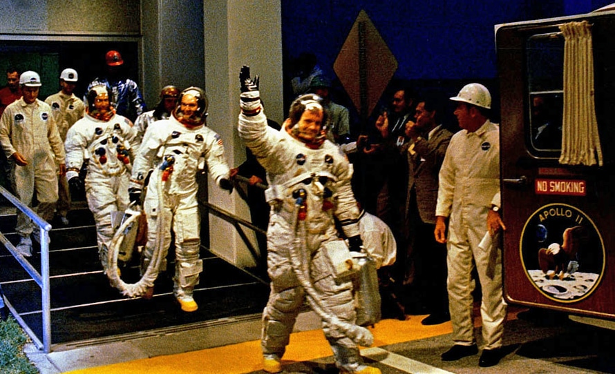 Michael Collins, Buzz Aldrin, and Neil Armstrong make their way to the Apollo spaceship that carries them to the moon, 1969