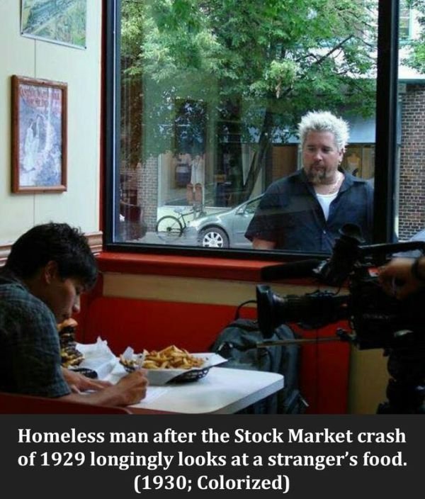 funny fake history memes - Homeless man after the Stock Market crash of 1929 longingly looks at a stranger's food. 1930; Colorized