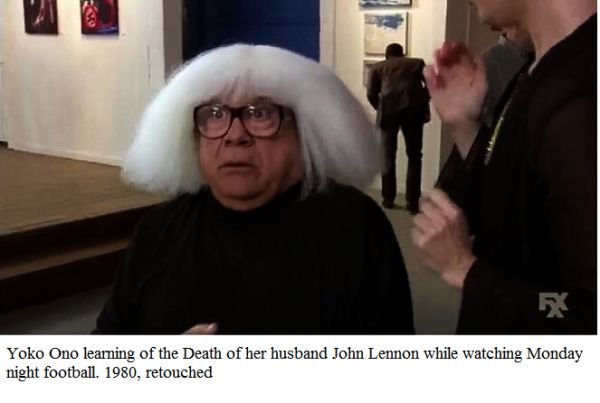 danny devito in a wig - Yoko Ono learning of the Death of her husband John Lennon while watching Monday night football. 1980, retouched