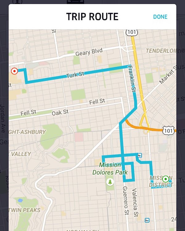 fail map - Trip Route Done Done 110 Tenderloi ne Geary Blvd Turk St Franklin St Market Fell St Fell St Oak St Jordan Ave GhtAshbury 101 O'F Gel Valley Mission Dolores Park Misson District Guerrero St Valencia St Twin Peaks 24