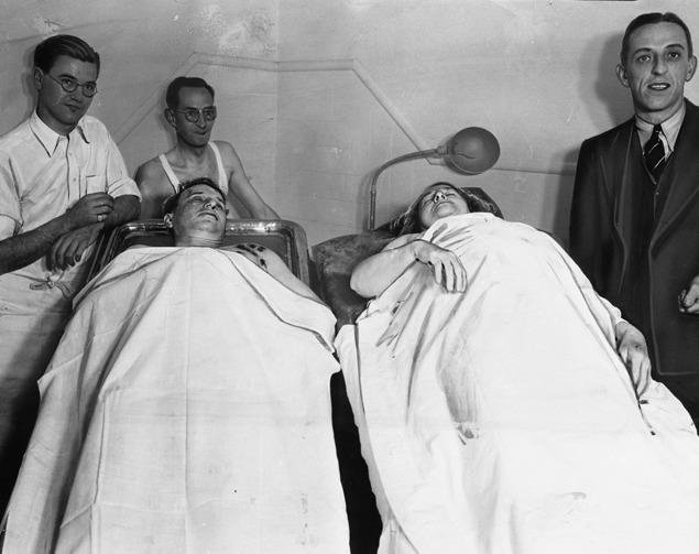 The bodies of Freddie and Ma Barker in the Oklawaha, Florida morgue after their shoot-out with the Feds. January 1935.