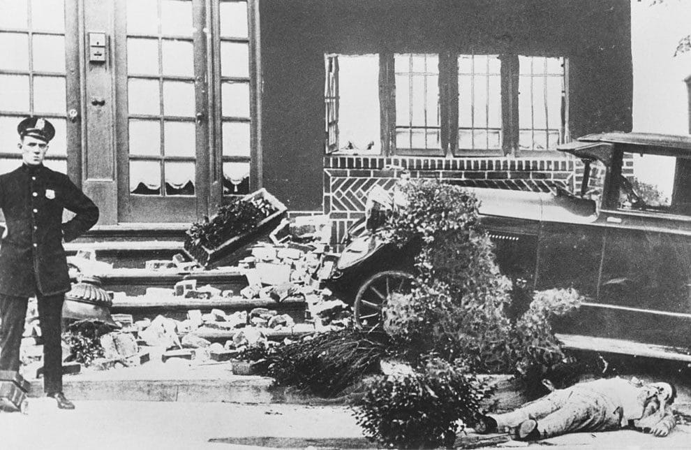 The body of noted gang chief Frankie Yale, who was born Francesco Ioele, lies beside his automobile at 44th Street, after Yale was shot to death from a pursuing automobile on July 02, 1928. Yale’s car crashed into a house and he was thrown out of the car