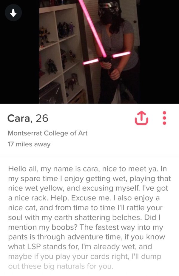 tinder - gamer tinder profiles - Cara, 26 Montserrat College of Art 17 miles away Hello all, my name is cara, nice to meet ya. In my spare time I enjoy getting wet, playing that nice wet yellow, and excusing myself. I've got a nice rack. Help. Excuse me. 