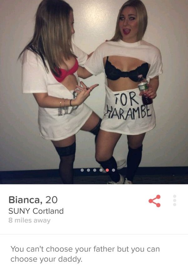 tinder - tinder ribanc - Tori Harambe Bianca, 20 Suny Cortland 8 miles away You can't choose your father but you can choose your daddy.
