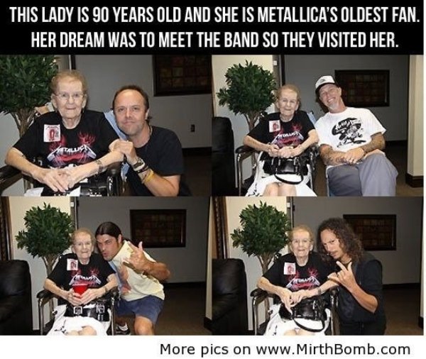 oldest metallica fan - This Lady Is 90 Years Old And She Is Metallica'S Oldest Fan. Her Dream Was To Meet The Band So They Visited Her. More pics on