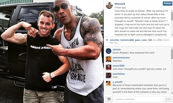 dwayne johnson with fan - therock 1 hour ago Cool story to on Easter After my workout I'm drivin' in my pick up and notice these kids in the rearview mirror screamin' & runnin' after my truck Thought to myself, 'Should I stop or keep drivin? stopped. I ho