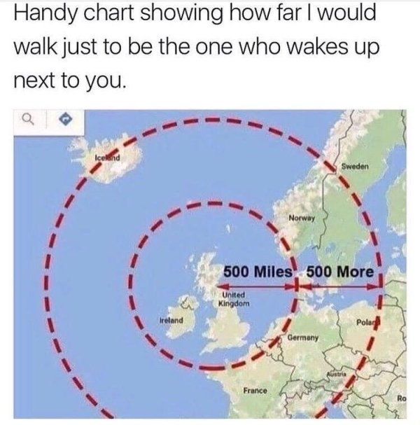 handy chart showing how far i would walk - Handy chart showing how far I would walk just to be the one who wakes up next to you. Sweden Norway 500 Miles 500 More United Kingdom Ireland Polar Germany Austria France