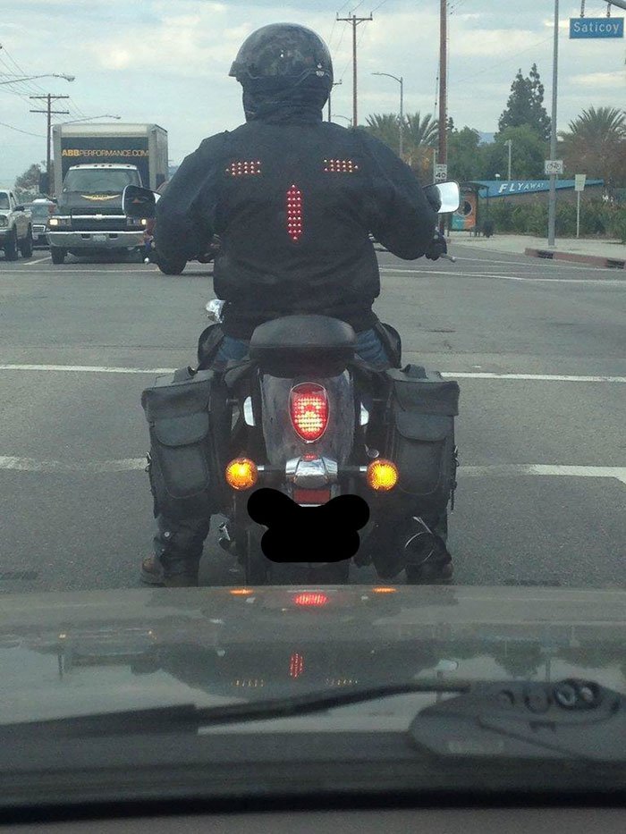 A motorcycle jacket with with signal and brake lights.