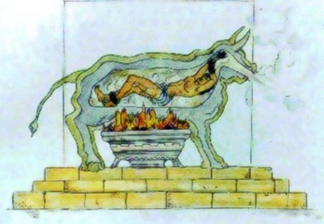 THE BRAZEN BULL.

Also known as the Sicilian Bull, it was designed in ancient Greece. A solid piece of brass was cast with a door on the side that could be opened and latched. The victim would be placed inside the bull and a fire set underneath it until the metal became literally yellow as it was heated. The victim would then be slowly roasted to death all while screaming in agonizing pain. The bull was purposely designed to amplify these screams and make them sound like the bellowing of a bull.