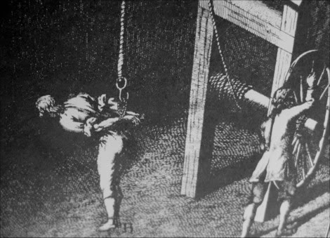 STRAPPADO.

The Strappado is a form of torture in which the victim’s hands are first tied behind his or her back and suspended in the air by means of a rope attached to wrists, which most likely dislocates both arms. Weights may be added to the body to intensify the effect and increase the pain. Other names for strappado include “reverse hanging” and “Palestinian hanging” (although it is not used by the Palestinian Authority) It is best known for its use in the torture chambers of the medieval Inquisition.