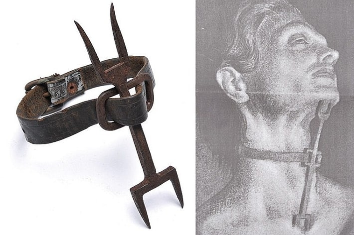 HERETIC’S FORK.

The device was placed between the breast bone and throat just under the chin and secured with a leather strap around the neck, while the victim was hung from the ceiling or otherwise suspended in a way so that they could not lie down.Usually the Heretic’s fork was given to people who spoke the lord’s name in vain, blasphemers, or liars. This way, the punishment made it nearly impossible for them to talk. Also, a person wearing it couldn’t fall asleep. The moment their head dropped with fatigue, the prongs pierced their throat or chest, causing great pain. This very simple instrument created long periods of sleep deprivation. People were awake for days, which made confessions more likely.