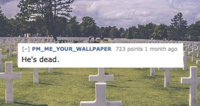 soldiers graveyard - PM_ME_YOUR_WALLPAPER 723 points 1 month ago He's dead.
