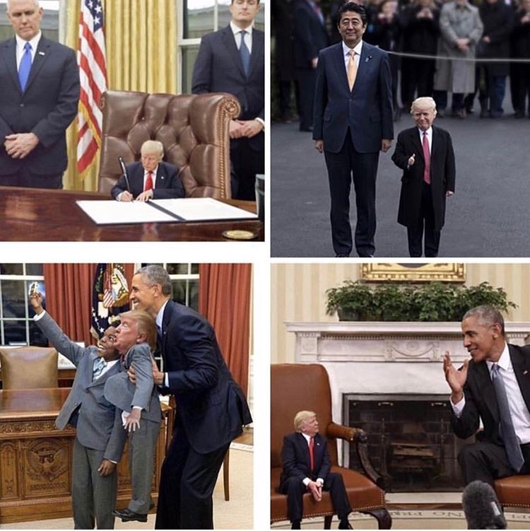 Funny pictures of Donald Trump photoshopped to look like a little kid next to Obama and other world leaders.