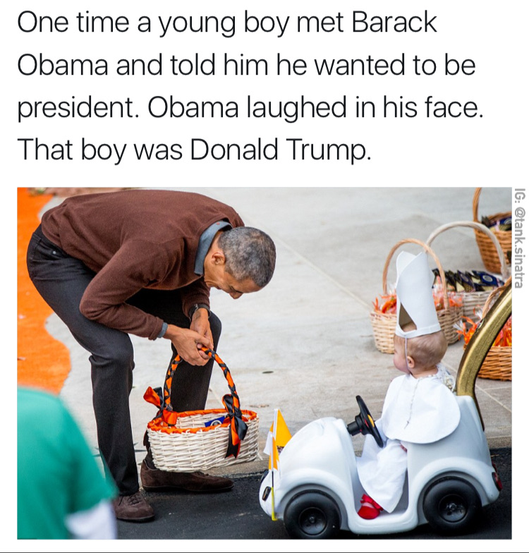 Funny picture of Obama meeting a baby pope captioned that it was how Donald Trump was created.