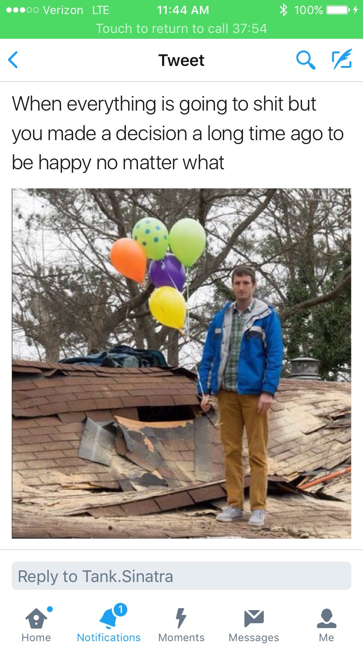 Funny picture dank meme of someone with balloons and trying to be happy with a destroyed house next to him.