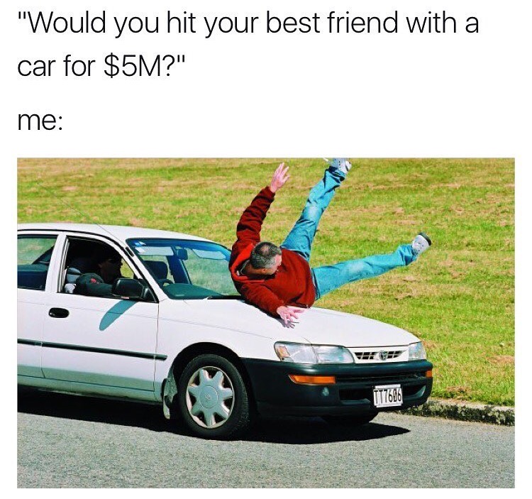 Picture of someone getting his by a car, made into a dank meme by asking 'would you hit your best friend with a car for $5 Million ?