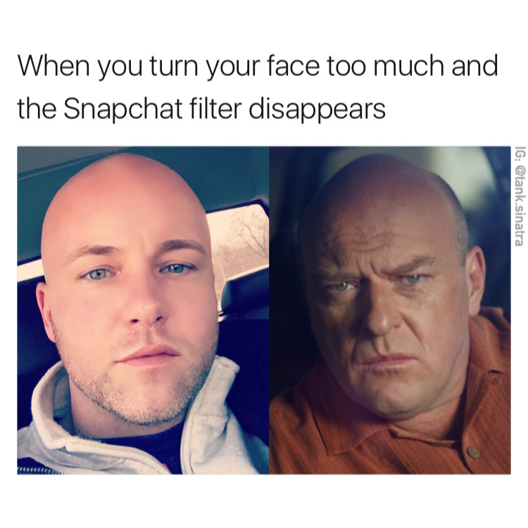 Funny meme about how it feels when your Snapchat filter disappears when you turn your face too much.