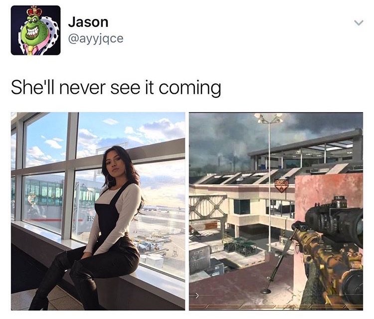 Meme of a woman sitting in the airport and a screen grab from some video game that makes it look like she is the target.