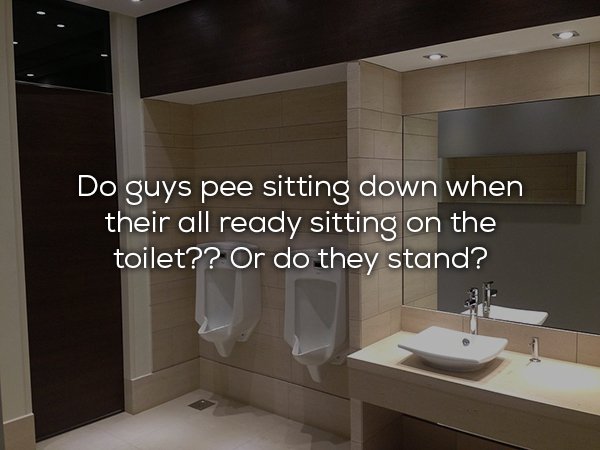 bathroom - Do guys pee sitting down when their all ready sitting on the toilet?? Or do they stand?