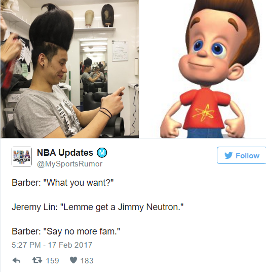 memes - jeremy lin jimmy neutron hair - Mba Nba Updates y Barber "What you want?" Jeremy Lin "Lemme get a Jimmy Neutron." Barber "Say no more fam." 7 159 183