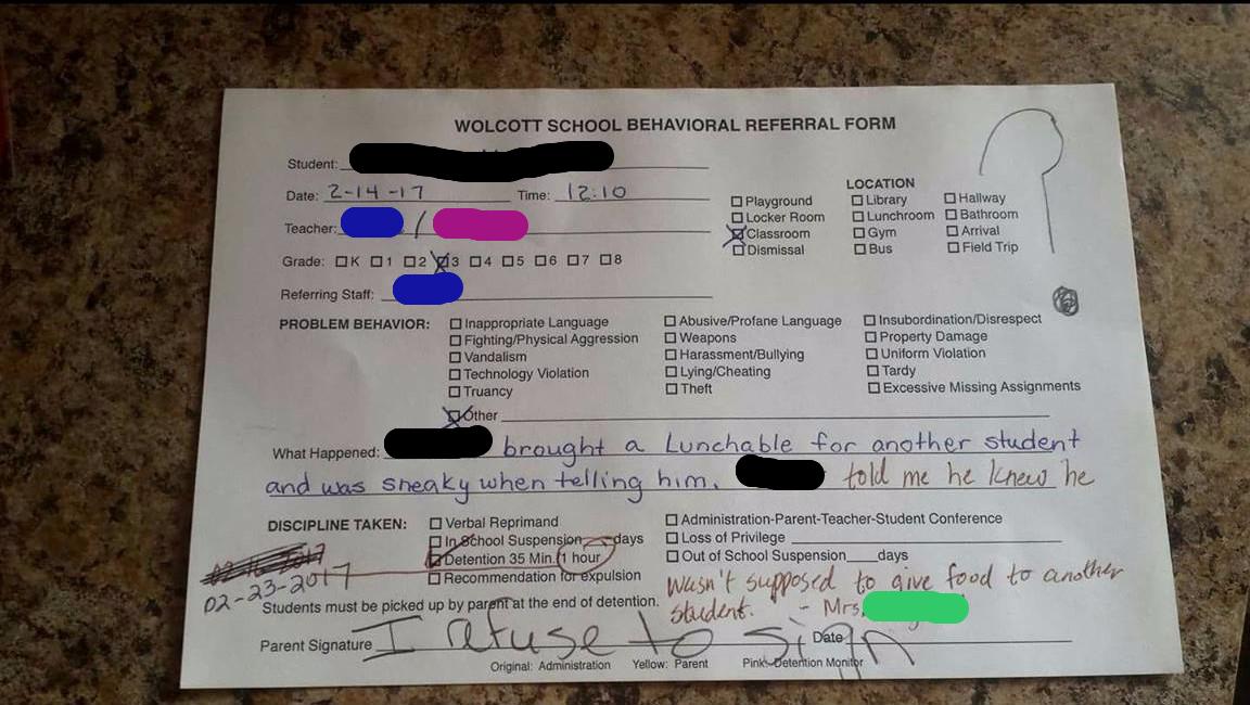 3rd Grade Student Given a Detention For Bringing Lunch for Always Hungry Classmate