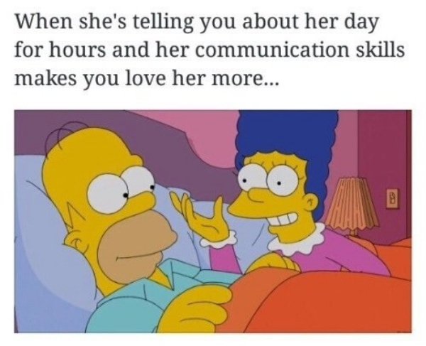 Wholesome Simpson's meme of Marge telling Homer about her day and he loves her more for her communication skills