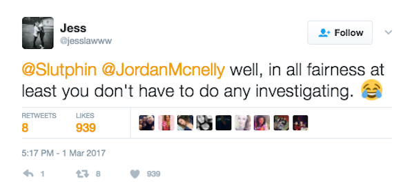 Tweet pointing out that at least he doesn't have to investigate