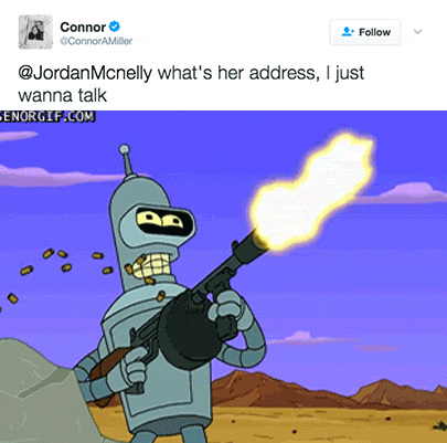 Tweet reaction GIF of Bender firing off a Tommy Gun
