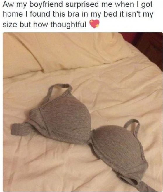 Dirty meme of woman who's boyfriend surprised her with a bra that wasn't her size but still very thoughtfull