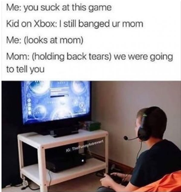 Dirty meme of having argument with 12 year old playing xbox and using the line that you banged his mom