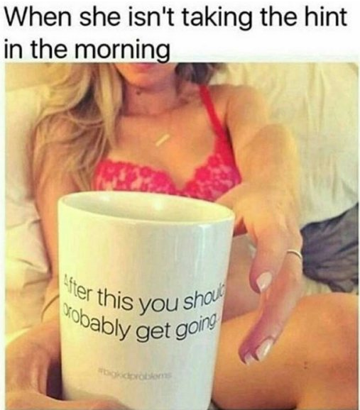 Dirty meme of man giving scantily clad woman some coffee, but the mug has written on it that After This You Should Probably Get Going.