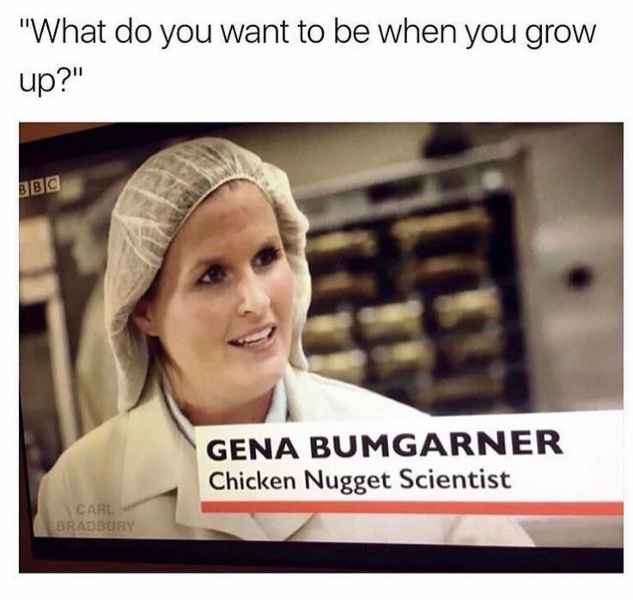 chicken nugget scientist - "What do you want to be when you grow up?" Bbc Gena Bumgarner Chicken Nugget Scientist Carl Bradbury