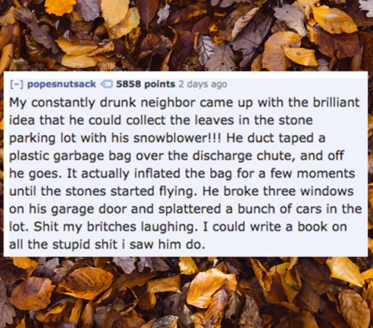 mixture - popesnutsack 5858 points 2 days ago My constantly drunk neighbor came up with the brilliant idea that he could collect the leaves in the stone parking lot with his snowblower!!! He duct taped a plastic garbage bag over the discharge chute, and o