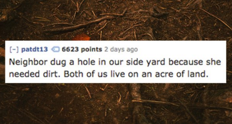 soil - patdt13 6623 points 2 days ago Neighbor dug a hole in our side yard because she needed dirt. Both of us live on an acre of land.