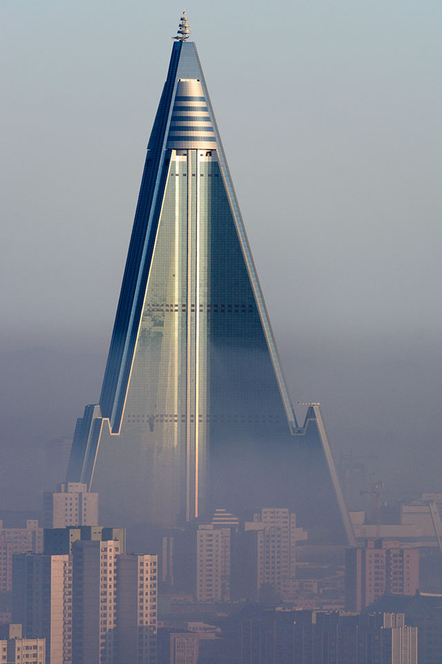 Construction of the 105-story Ryugyong Hotel in Pyongyang, North Korea began in 1989. As of 2017, it has yet to open