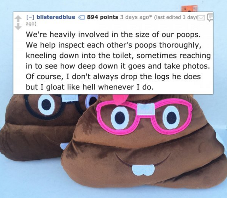 plush - blisteredblue 894 points 3 days ago last edited 3 days ago We're heavily involved in the size of our poops. We help inspect each other's poops thoroughly, kneeling down into the toilet, sometimes reaching in to see how deep down it goes and take p