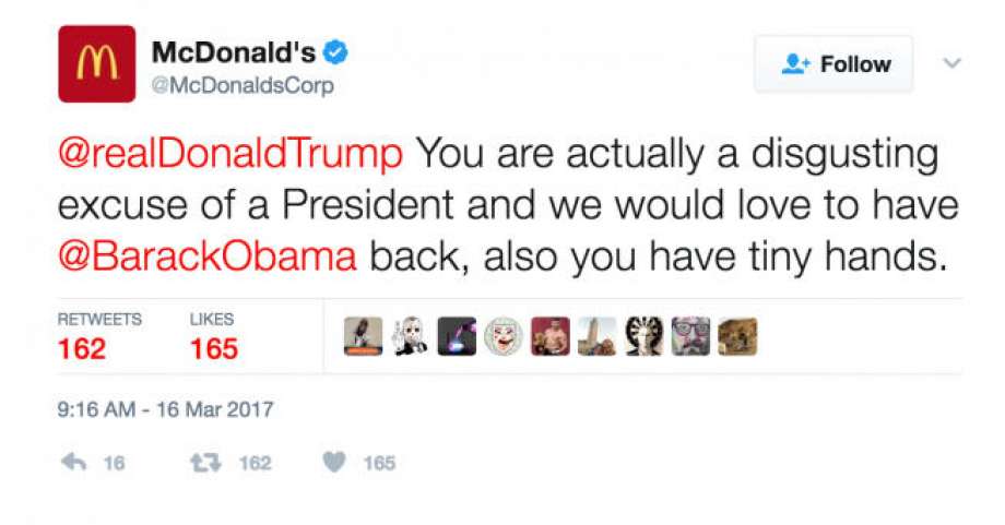 donald trump israel twitter - McDonald's Trump You are actually a disgusting excuse of a President and we would love to have back, also you have tiny hands. 162 165 16 23 162 165