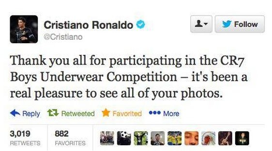 multimedia - Cristiano Ronaldo Thank you all for participating in the CR7 Boys Underwear Competition it's been a real pleasure to see all of your photos. t7 Retweeted Favorited ... More 3,019 882 Favorites Morror Favorites