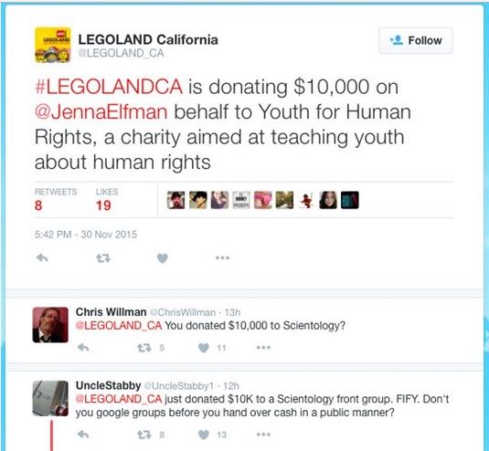 web page - A Legoland California LEGOLAND_CA 2 is donating $10,000 on Elfman behalf to Youth for Human Rights, a charity aimed at teaching youth about human rights Rstweets Chris Willman Chris Willman 13h You donated $10,000 to Scientology? UncleStabby Un