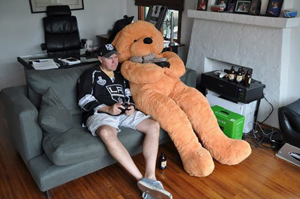 He ordered a 1/2 inch solenoid valve from Amazon.
Instead he received a 7-foot tall teddy bear. But it looks like they enjoyed playing an Xbox game together.