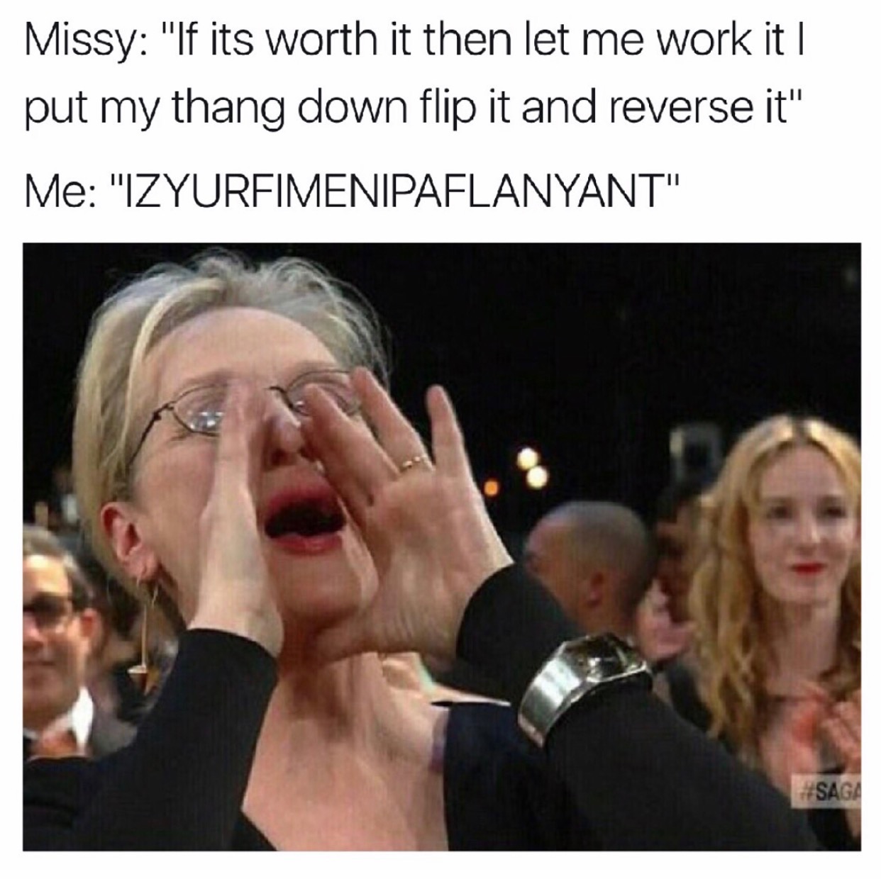 memes - meryl streep meme - Missy "If its worth it then let me work it | put my thang down flip it and reverse it" Me "Izyurfimenipaflanyant" Saga