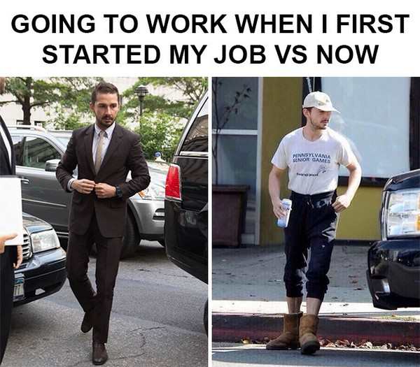Work Meme about how you dress for work with pics of Shia LaBeouf