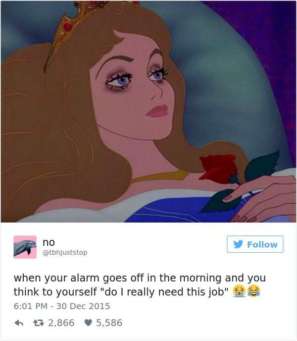 Work Meme about struggling to get up for work with Sleeping Beauty with heavy eyebags